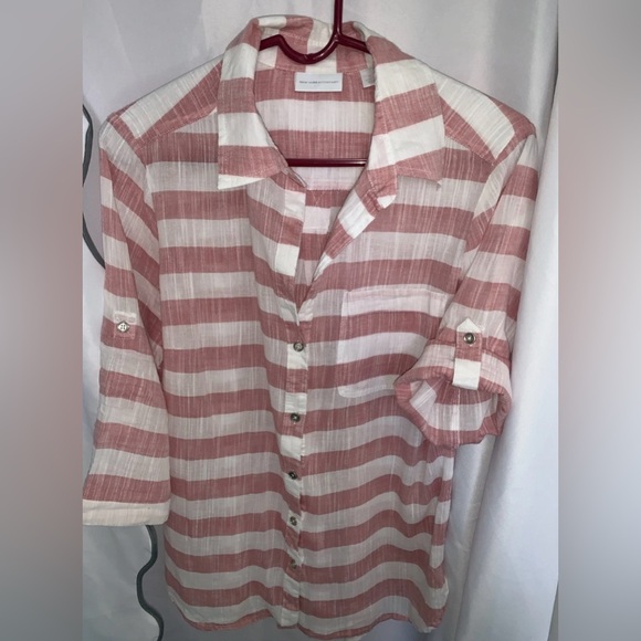 New York & Company Tops - New York & Co. Blouse Striped Red White Shirt 100% Cotton Button Down Medium